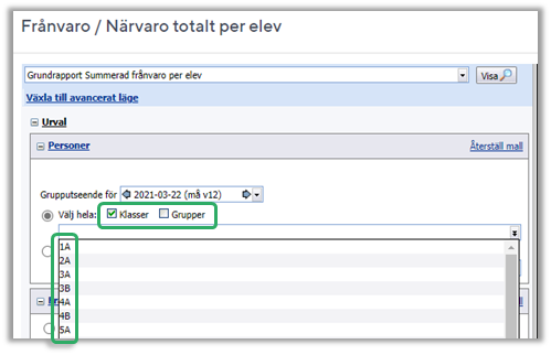 Ett urval av klasser och grupper beh&ouml;ver g&ouml;ras