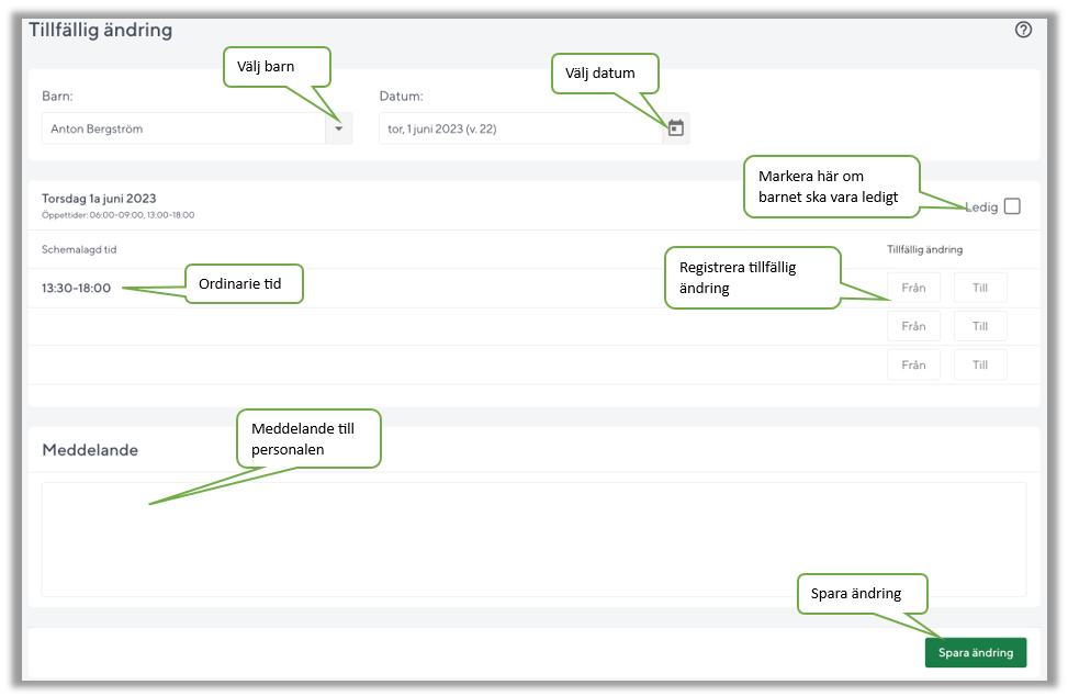 Registrera tillfällig ändring