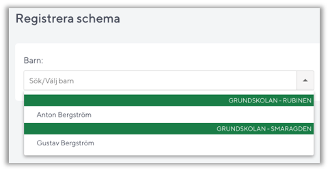Välja barn i Registrera schema
