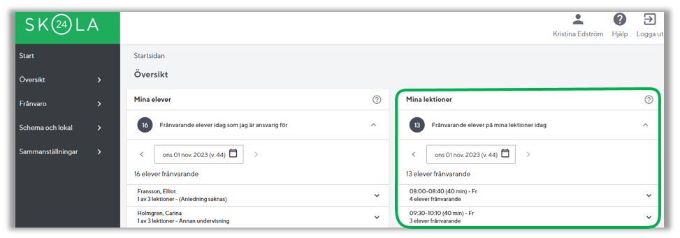 Frånvaro på mina lektioner