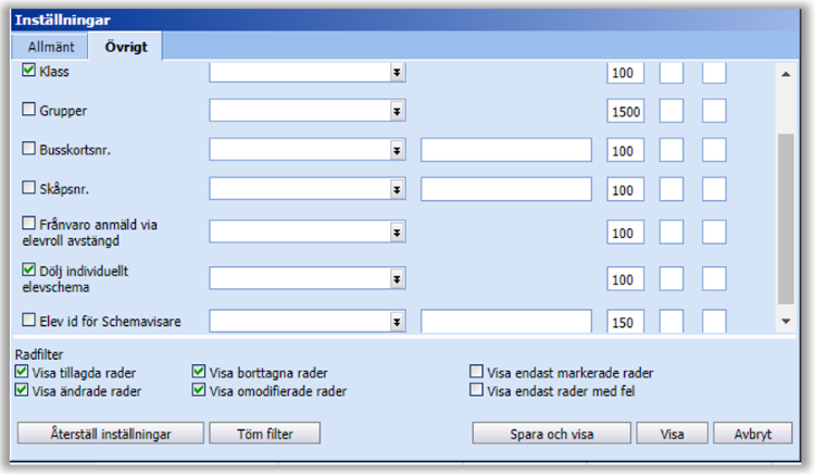 Visar Inst&auml;llningar f&ouml;r att ta fram nya kolumner