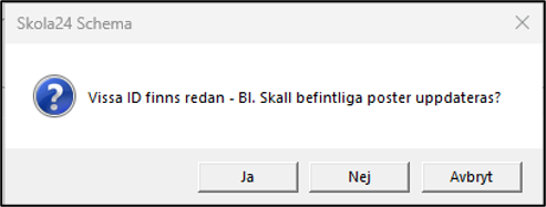 Dialogruta som fr&aring;gar om befintliga poster ska uppdateras n&auml;r uppgifter klistras in i Tabell - &Auml;mne.
