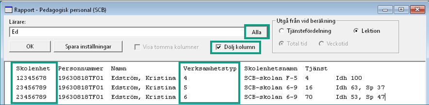 Rapporten Pedagogisk personal SCB med kolumner och l&auml;rarnas tj&auml;nsteomfattning.