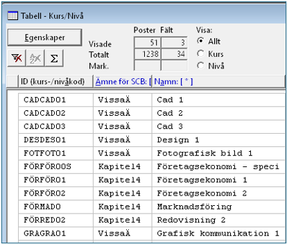 Tabell - Kurs/Niv&aring; med kurs- och niv&aring;skoder fr&aring;n Excelunderlaget.