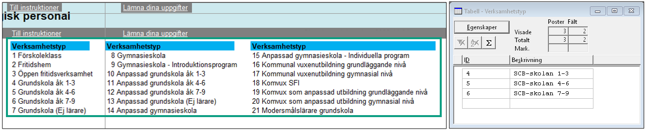 Tabell - Verksamhetstyp med registrerade verksamhetstyper och deras ID-nummer.