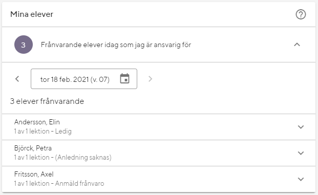 Vyn visar vilka av mina elever som &auml;r fr&aring;nvarande