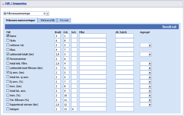 Under Inställningar – Fält/gruppering, fliken Frånvarosummeringar, markera alternativen Lektionstid totalt (tim), Personnummer, Ej anm.(tim). Avmarkera övriga fält.